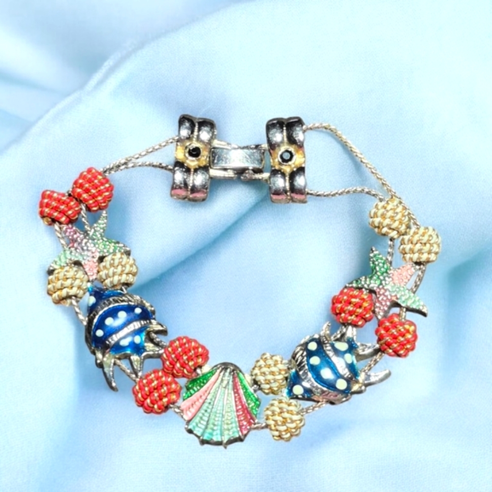 Vintage 70th enamel slider Angel Fish Starfish Shell bracelet